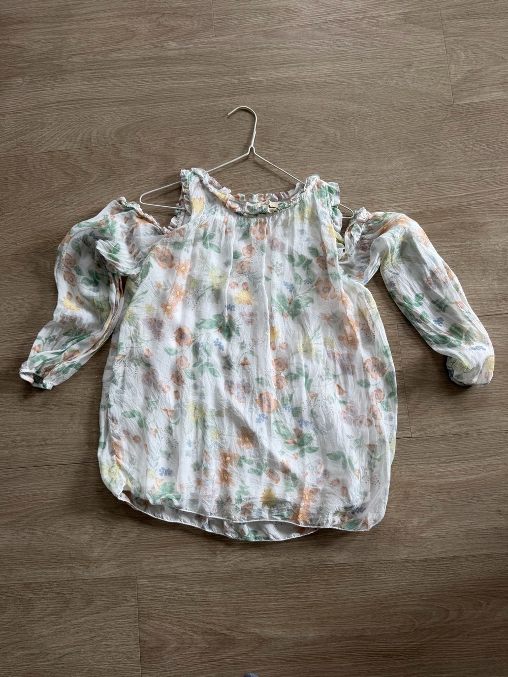 White Floral Cold-Shoulder Blouse with Pastel Blooms